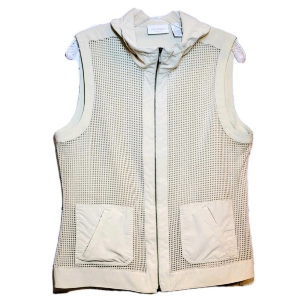 Weekends by Chico’s Vest Full Zip Lightweight Tan Mesh Gold Shimmer Size 1=M